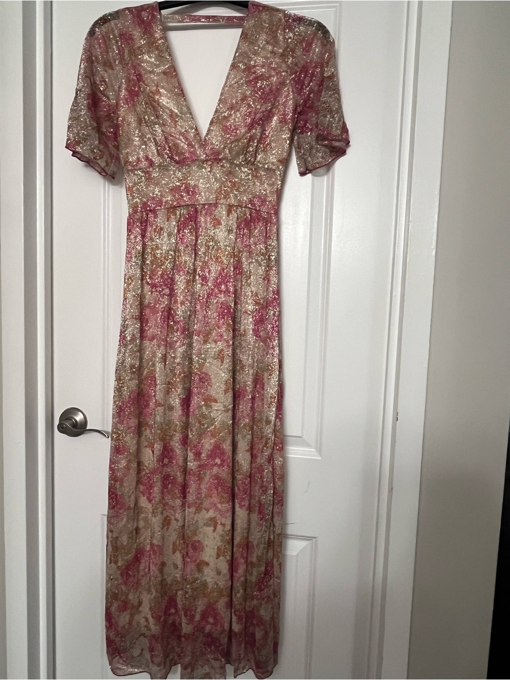 Deep V-Neck Floral Maxi Dress in Pink and Gold